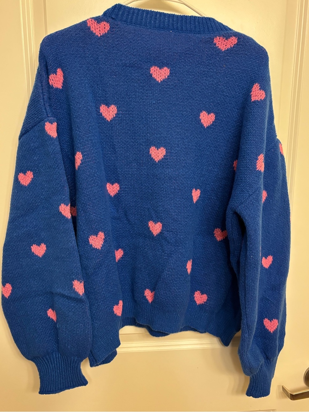 SHEIN Blue Crewneck Sweater with Pink Heart Accents - Picture 2 of 3